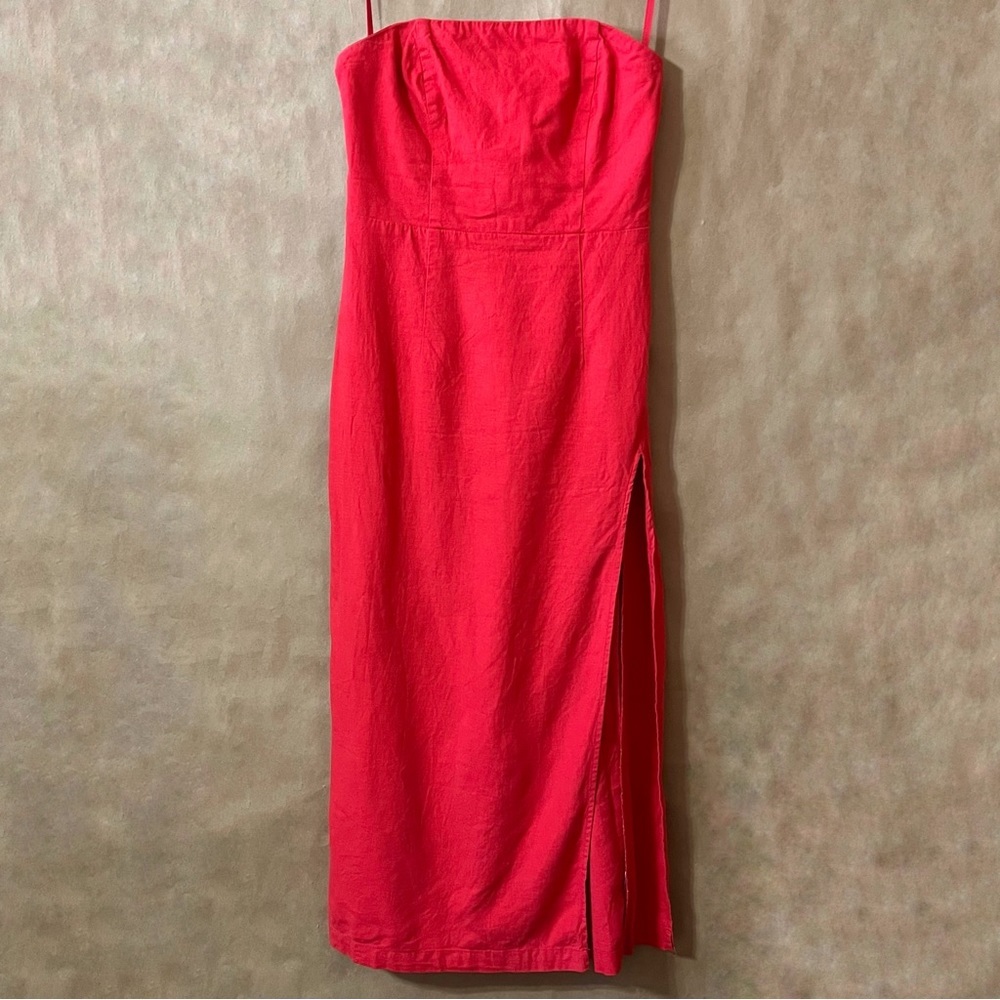 Urban Outfitters | Red Linen Strapless Midi Dress Leg Slit Column Dress Size S